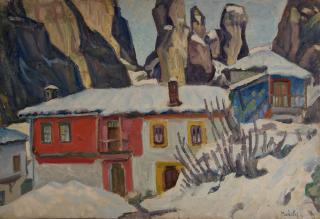 Kastraki, the Red House, Snow — Oil painting, Canvas, 50.00×73.00cm — Theodoros Markellos